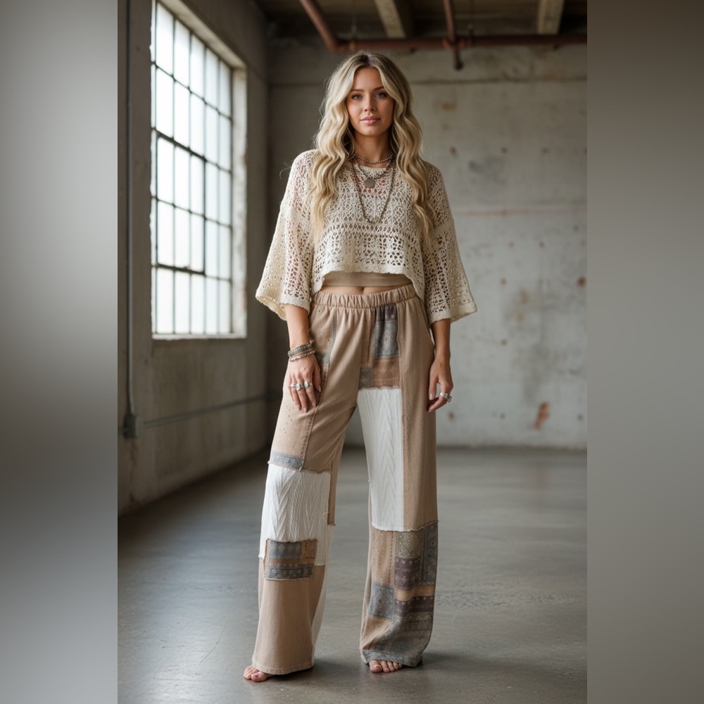 NWT J. Her Patchwork Cable Knit Bandana Boho Print Mixed Media Wide Leg Pants - Picture 6 of 13